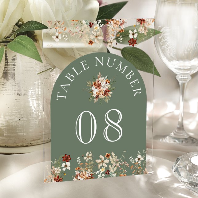 Terracotta Floral Sage Green Acrylic Table Number (Creator Uploaded)