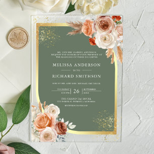 Terracotta Floral Sage Green Gold Wedding Acrylic Invitations