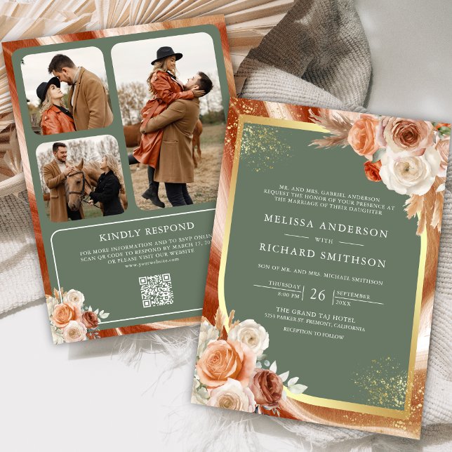 Terracotta Floral Sage Green Photo QR Code Wedding Invitation (Creator Uploaded)