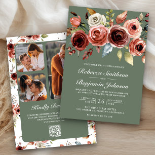 Terracotta Floral Sage Green QR Code Wedding Invitation