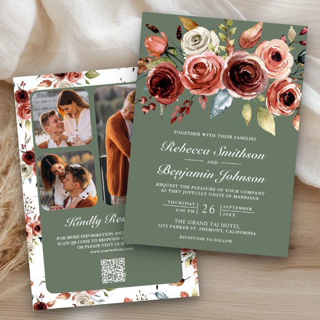 Terracotta Floral Sage Green QR Code Wedding Invitation (Creator Uploaded)