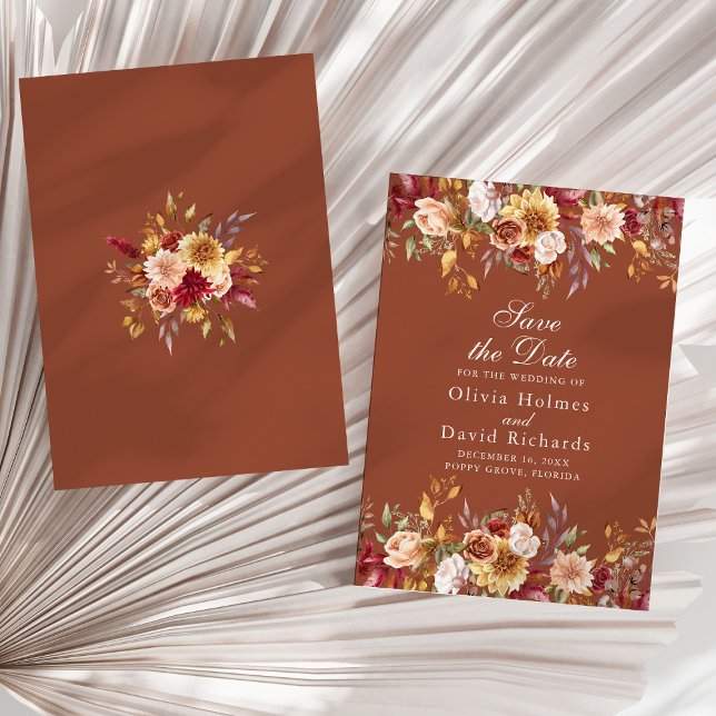 Terracotta Floral Save the Date Fall Wedding Card (Modern Burnt Orange Terracotta Wildflowers Wedding Save The Date on a sunny neutral dry palm leaf.)
