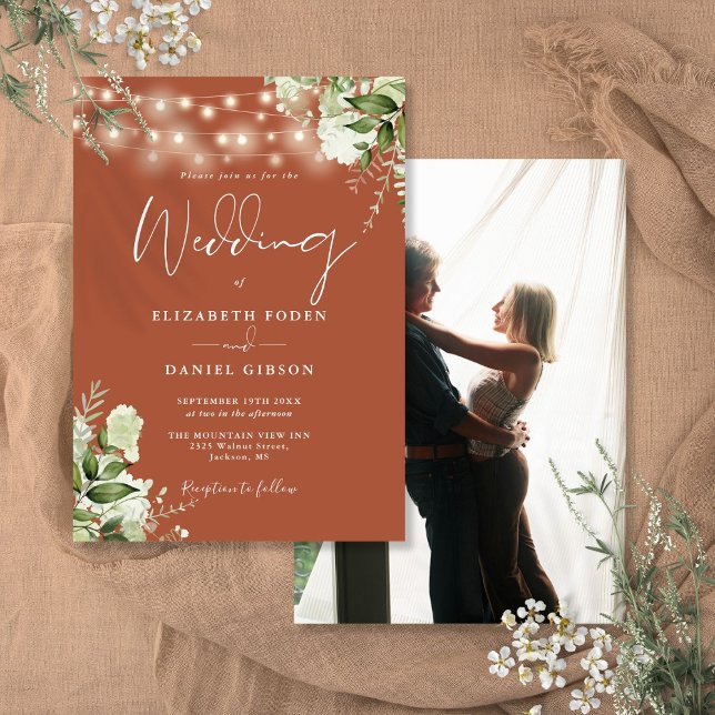 Terracotta Floral String Lights Photo Wedding Invitation (Terracotta Floral String Lights Photo Wedding Invitation)