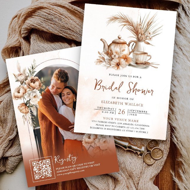 Terracotta Floral Tea Party QR Code Bridal Shower Invitation (Creator Uploaded)