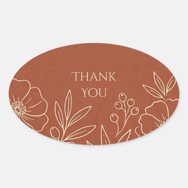 Terracotta Floral Thank You Oval Sticker (Front)