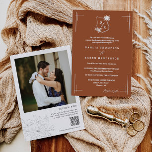 Terracotta Floral Wedding Crest Boho QR Code Photo Invitation