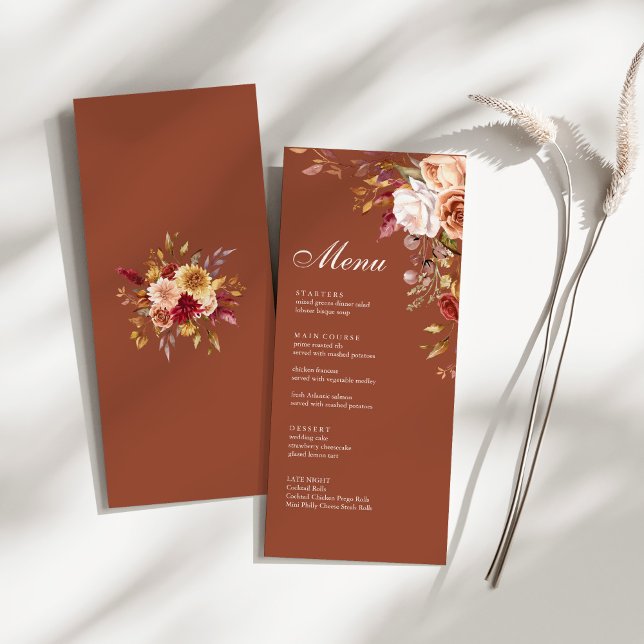 Terracotta Floral Wedding Menu Card Fall Boho (Boho Modern Burnt Orange Terracotta Floral Wedding Menu on a sunny white table.)