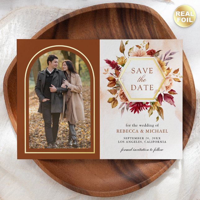 Terracotta Floral Wedding Photo Save The Date Card (Creator Uploaded)