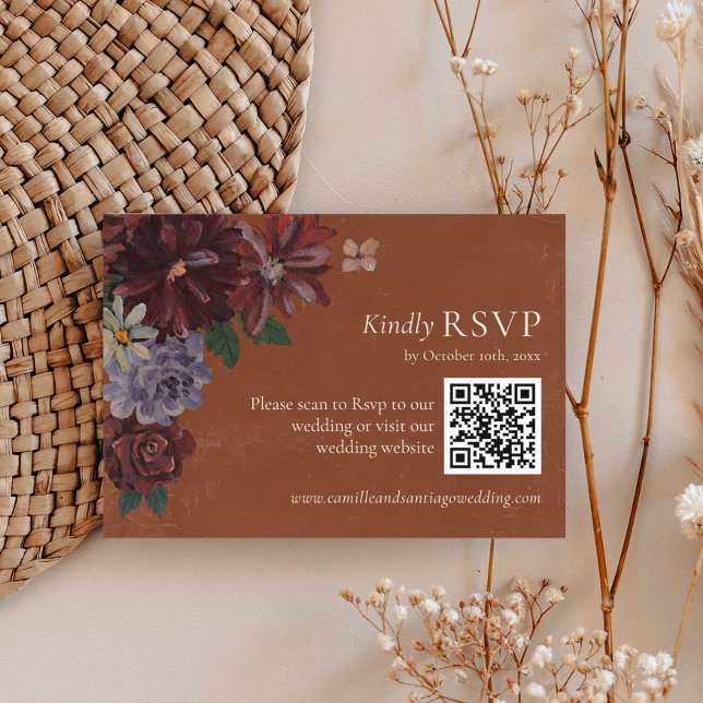 Terracotta Floral Wedding RSVP QR Code Card (Moody Terracotta Wedding Rsvp with QR Code Card)
