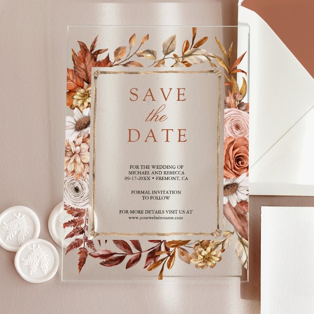 Terracotta Floral Wedding Save the Date Acrylic Invitations (Creator Uploaded)