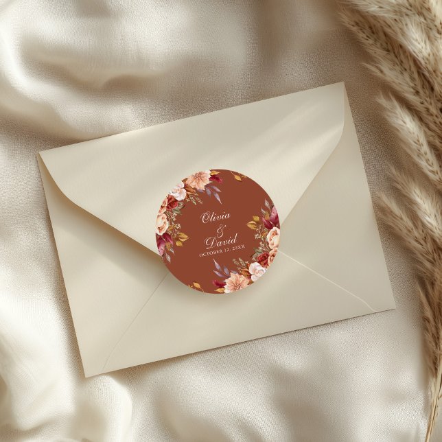 Terracotta Floral Wedding Sticker Seal Boho Favour (Boho Modern Burnt Orange Terracotta Floral Wedding Classic Round Sticker on a wedding envelope.)