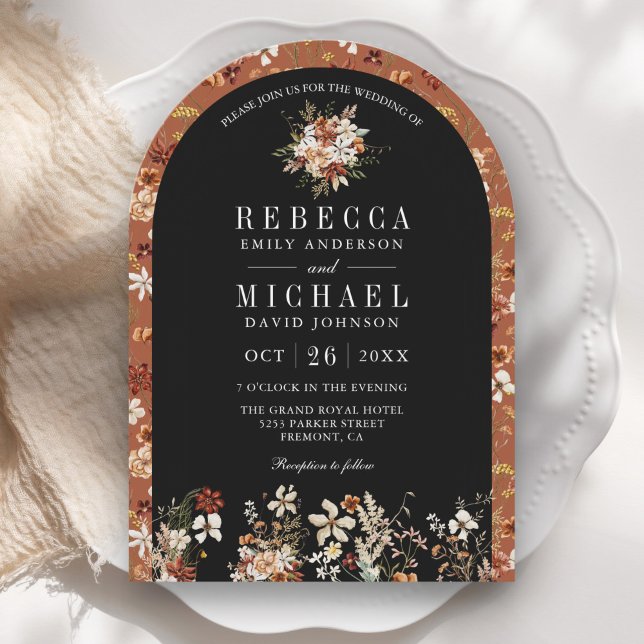 Terracotta Floral Wildflower Black Arch Wedding Invitation (Creator Uploaded)