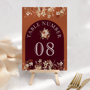 Terracotta Floral Wildflower Burgundy Wedding Table Number