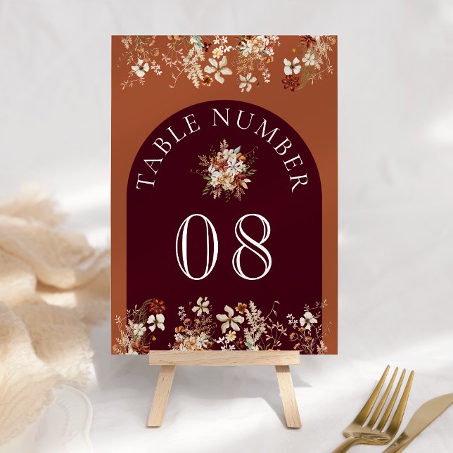 Terracotta Floral Wildflower Burgundy Wedding Table Number (Creator Uploaded)