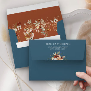 Terracotta Floral Wildflower Dusty Blue Wedding Envelope