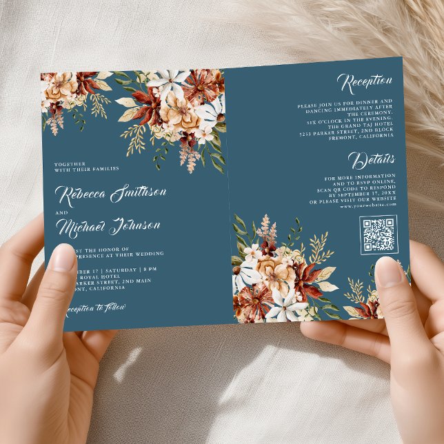 Terracotta Floral Wildflower Dusty Blue Wedding Invitation (Creator Uploaded)