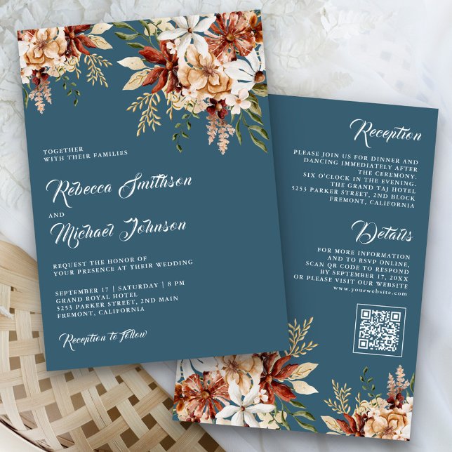 Terracotta Floral Wildflower Dusty Blue Wedding Invitation (Creator Uploaded)