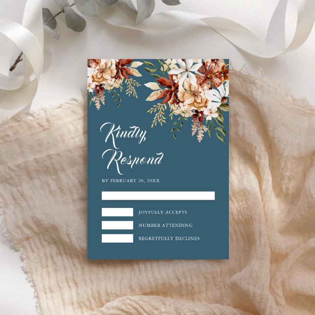 Terracotta Floral Wildflower Dusty Blue Wedding RSVP Card (Creator Uploaded)