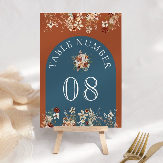 Terracotta Floral Wildflower Dusty Blue Wedding Table Number (Creator Uploaded)