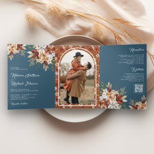 Terracotta Floral Wildflower Dusty Blue Wedding Tri-Fold Invitation