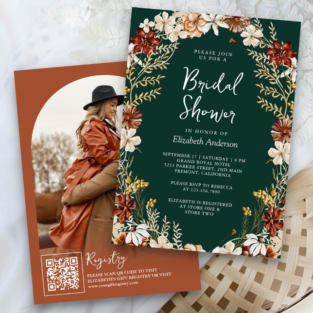 Terracotta Floral Wildflower Emerald Bridal Shower Invitation (Creator Uploaded)
