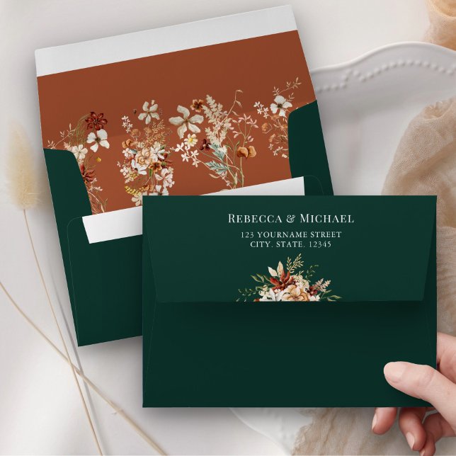 Terracotta Floral Wildflower Emerald Green Wedding Envelope (Creator Uploaded)