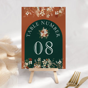 Terracotta Floral Wildflower Emerald Green Wedding Table Number