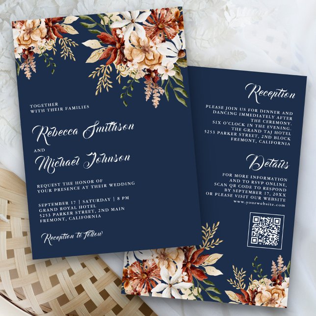 Terracotta Floral Wildflower Navy Blue Wedding Invitation (Creator Uploaded)