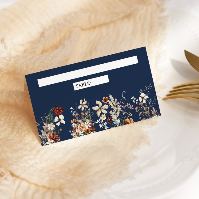 Terracotta Floral Wildflower Navy Blue Wedding Place Card (Creator Uploaded)