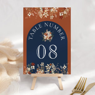 Terracotta Floral Wildflower Navy Blue Wedding Table Number