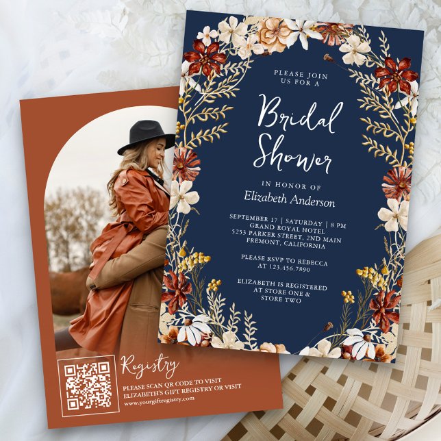 Terracotta Floral Wildflower Navy Bridal Shower Invitation (Creator Uploaded)