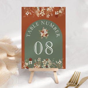 Terracotta Floral Wildflower Sage Green Wedding Table Number