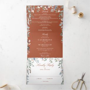 Terracotta Floral Wildflowers Photo Wedding Tri-Fold Invitation