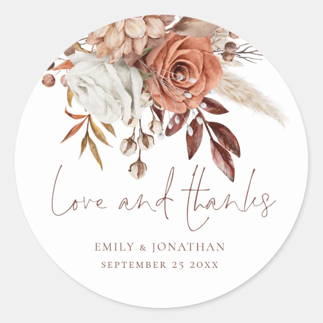 Terracotta Florals Brown Text Love Thanks Wedding Classic Round Sticker (Front)
