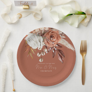 Terracotta Florals Congrats Mr Mrs Rust Wedding  Paper Plate