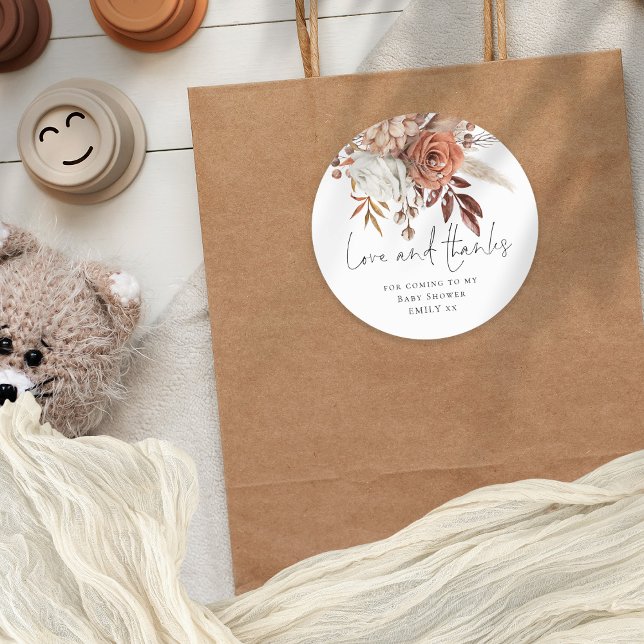 Terracotta Florals Love Thanks Baby Shower Classic Round Sticker (Creator Uploaded)