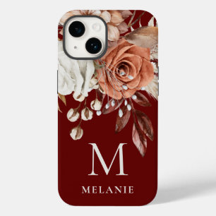 Terracotta Florals Monogram Initial Name Burgundy Case-Mate iPhone 14 Case