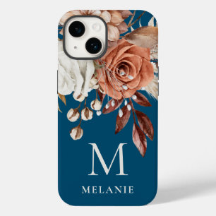 Terracotta Florals Monogram Initial Name Turquoise Case-Mate iPhone 14 Case