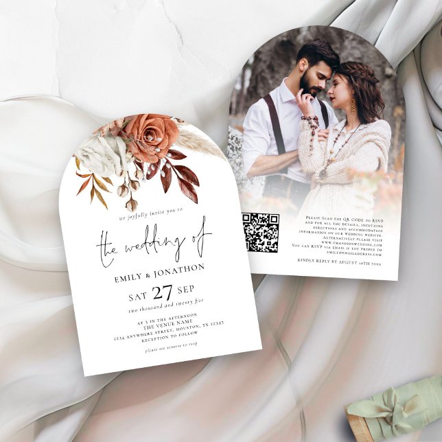 Terracotta Florals Photo QR Code Wedding Arch Invitation (front and back view)