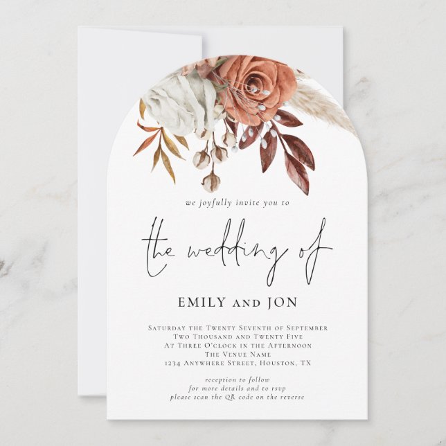 Terracotta Florals Photo QR Code Wedding Arch Invitation (Front)