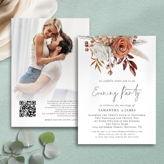 Terracotta Florals Photo Wedding Evening Party Invitation (Front and back view)