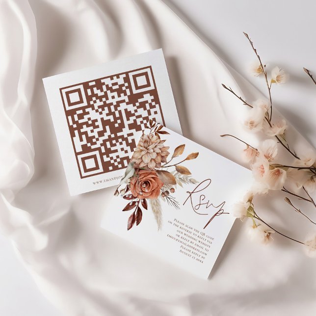 Terracotta Florals QR Code Script Wedding RSVP  Enclosure Card (Front and back view)