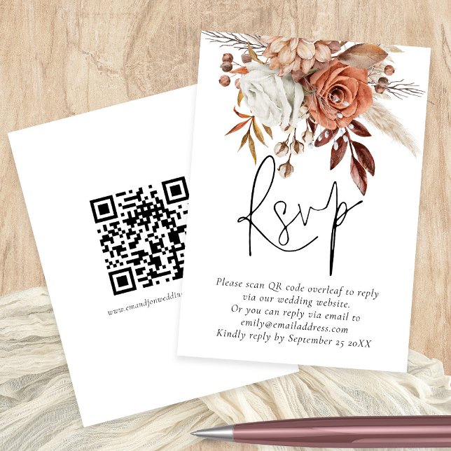 Terracotta Florals QR Code Wedding RSVP Card (Front and back view)