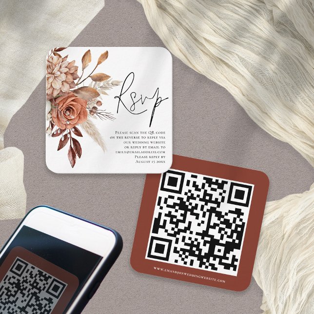 Terracotta Florals Script QR Code Wedding RSVP  Enclosure Card (Front and back view)