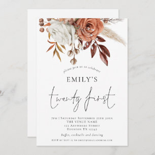 Terracotta Florals Twenty First Birthday Party Invitation