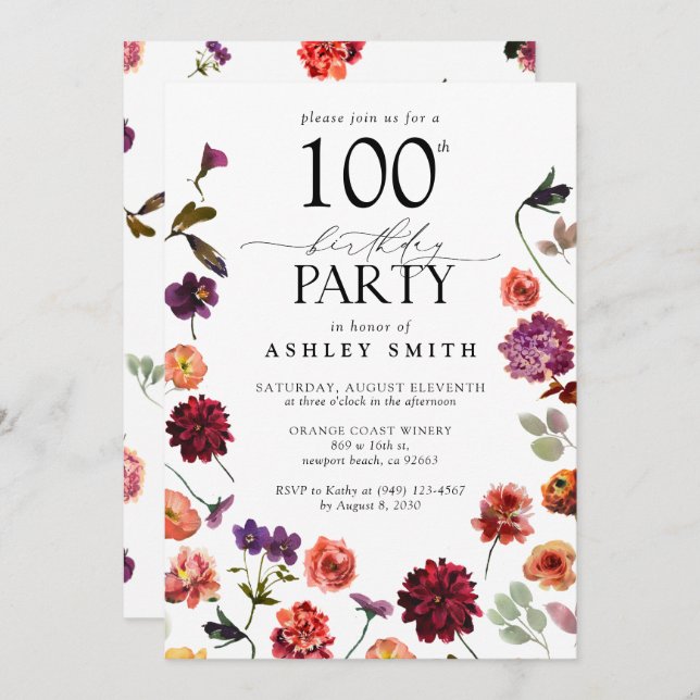 Terracotta Flowers 100th Birthday Party Elegant  Invitation (Front/Back)