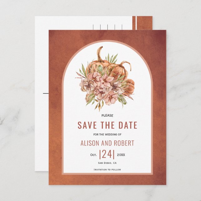 Terracotta flowers and pumpkins Save the Date Postcard (Front/Back)