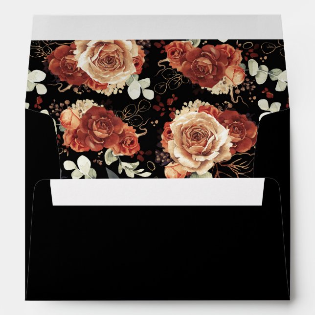 Terracotta Flowers Boho Botanical Elegant Black Envelope (Back (Bottom))