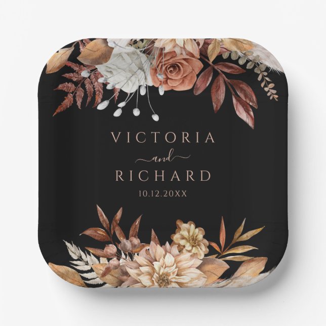 Terracotta Flowers Boho Fall Foliage Black Wedding Paper Plate (Front)