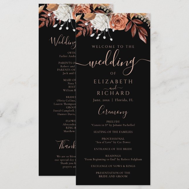 Terracotta Flowers Boho Fall Foliage Black Wedding Programme (Front/Back)